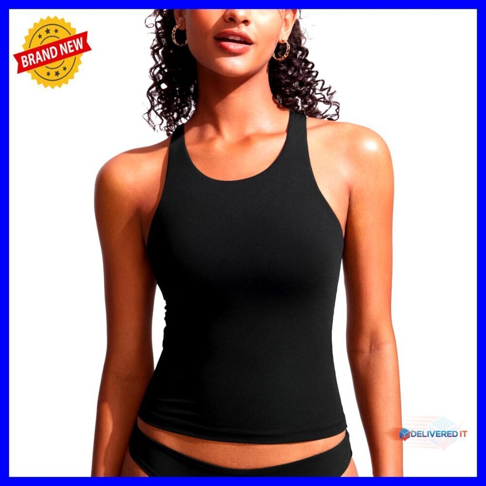 High Neck Racerback Tankini Top, Medium, Athletic Fit, Removable Pads